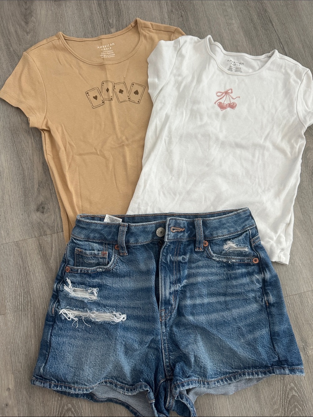 American Eagle Outfitters Girls' White Tee with Pink Bow & Tan Graphic Tee